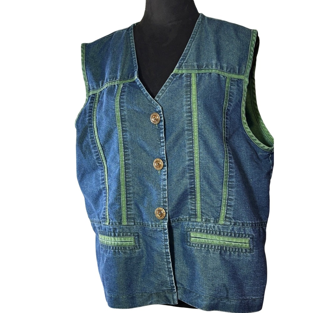 Saint Germain Paris Vintage‎ Denim Vest XL Womens Blue Green Trim USA Made - Picture 3 of 10